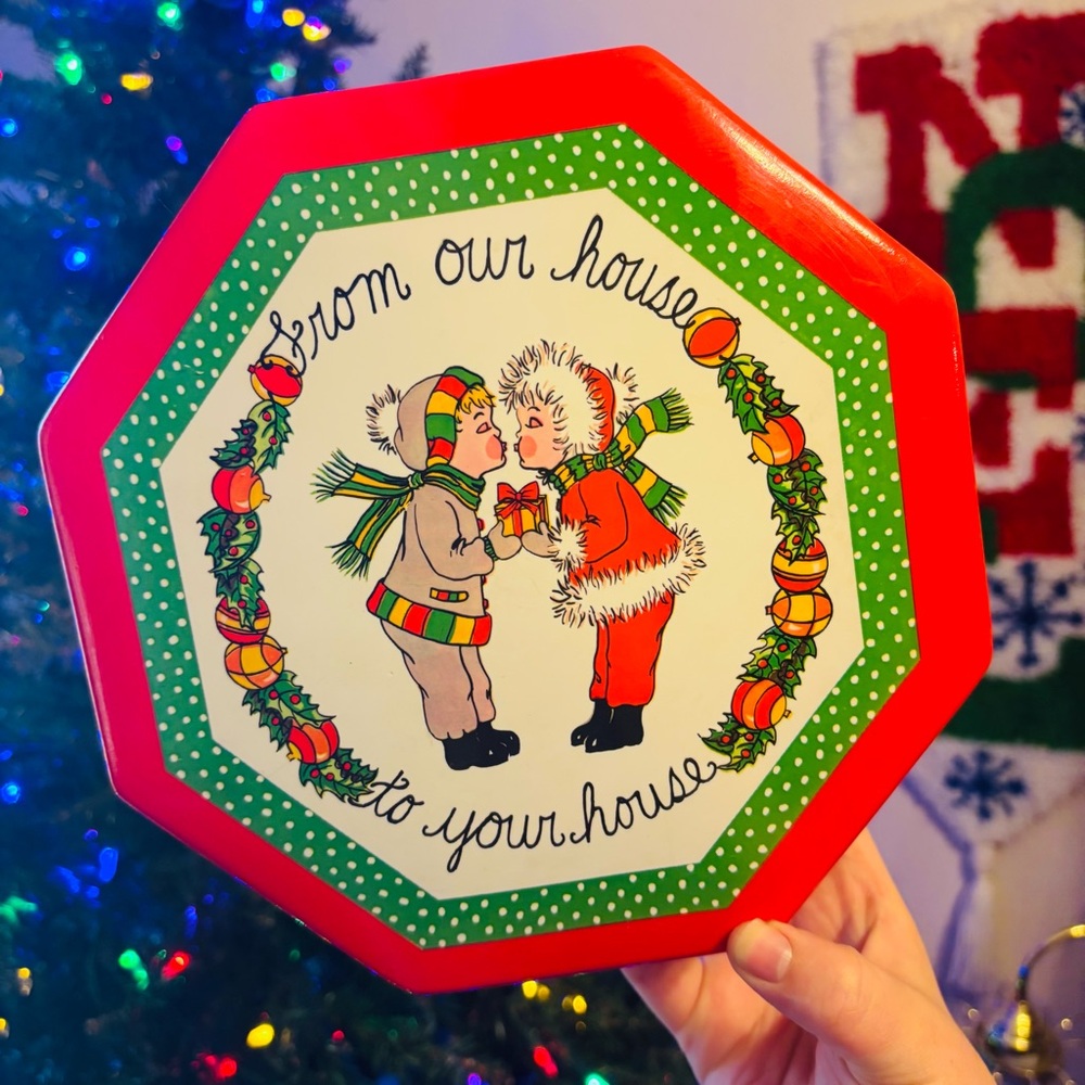Vintage Plastic Cookie Tin “From our house to your house” Holdiay Christmas Gift